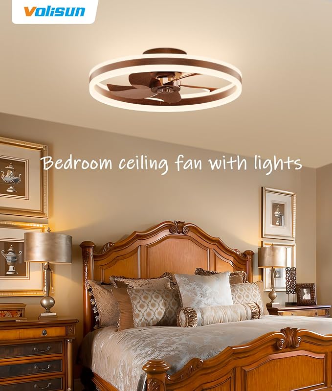 VOLISUN Low Profile Ceiling Fans with Lights and Remote, 20in Flush Mount Ceiling Fans with Light, 3000K-6500K Dimmable Fandelier LED Fan Light, Farmhouse Ceiling Fans with Lights for Bedroom