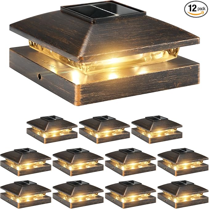 Solar Post Cap Lights Outdoor 12pack, Waterproof Solar Powered Deck Fence Post Lights Fit 4x4 Wood/Vinyl Posts, Bright Warm White Solar Post Lights Decorate Deck, Patio, Porch, Fence(Copper)