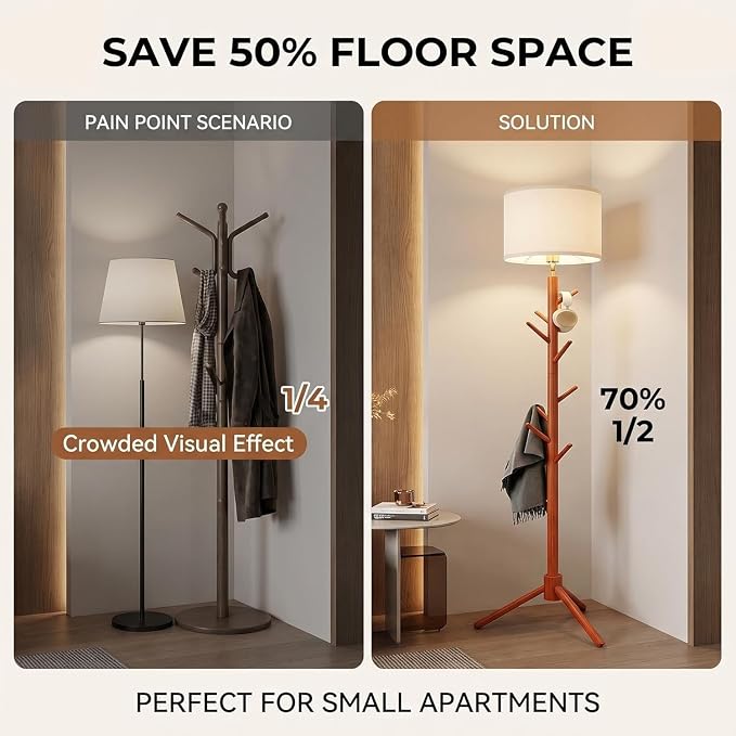 Floor Lamp with Coat Rack, 2-in-1 Entryway Tall Lamp 3 Color Dimmable 78.8" Standing Lamps with 6 Hooks & Triangular Base for Living Room Corner, Bedroom, Small Apartments & Foyers
