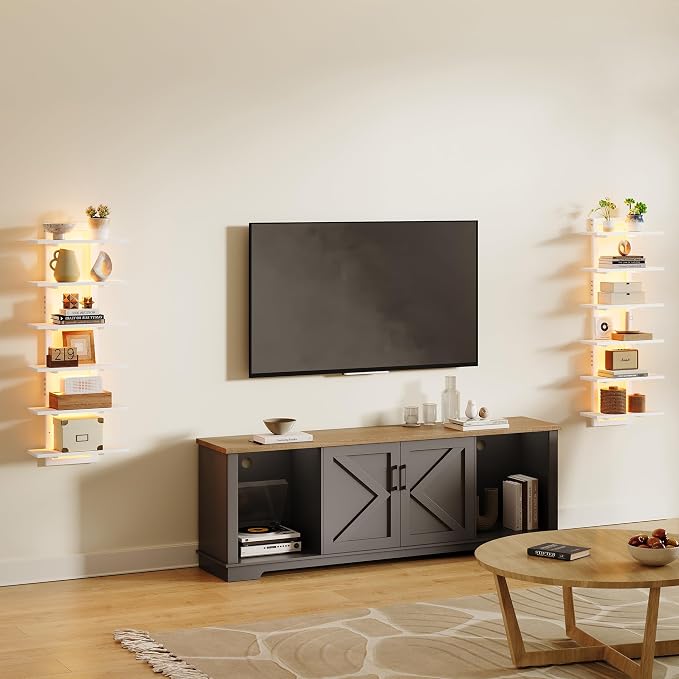 6 Tier Wall Shelf Unit Floating Shelves with LED Light, Vertical Wall Shelf, Wall Mounted Display Shelf for Living Room, Bedroom, Vanity, 15" W x 5.9" D x 43.3" H, White