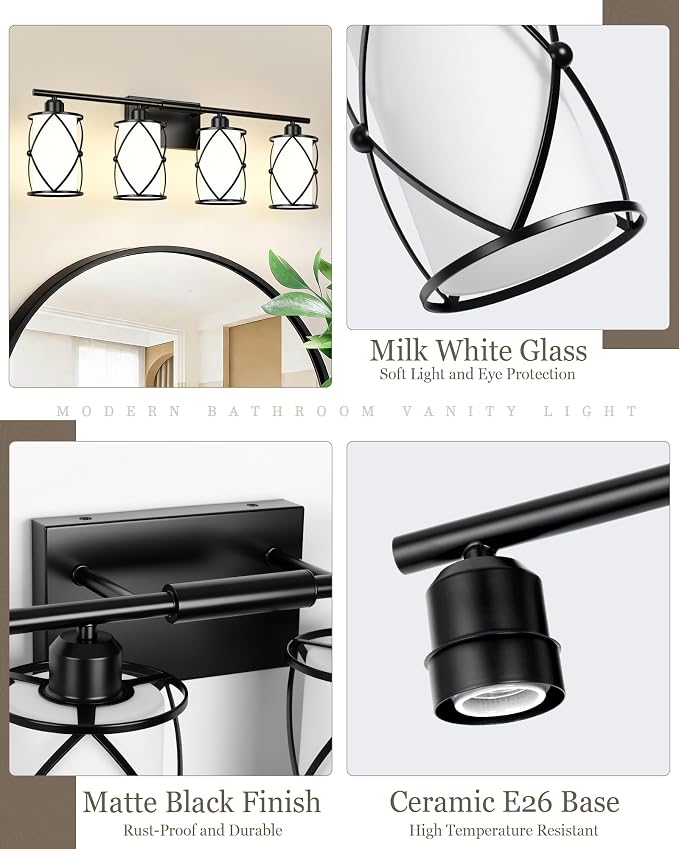 4-Light Black Bathroom Light Fixtures with Milk White Frosted Glass, 29" Modern Bathroom Vanity Lighting Fixtures Over Mirror with Metal Cage, Wall Sconce Lights for Bath, E26, CH9176BKW-4W