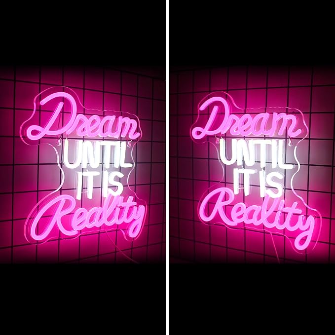 Horseneon Dream Until It Is Reality Neon Led Sign, Letter Neon Signs for Wall Decor, Neon Lights with USB Powered for Bedroom, Office, Livingroom, Study (Pink&White)