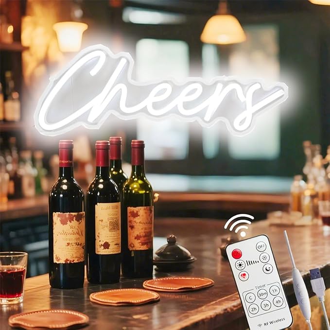 Upgraded Cheers Neon Sign with Timer Remote Control,5V USB Powered Cheers LED Signs for Home Pub,Birthday,Wedding,Bar Cart,Party 16.5 * 7in(Flash/Dimmable/Timmer)
