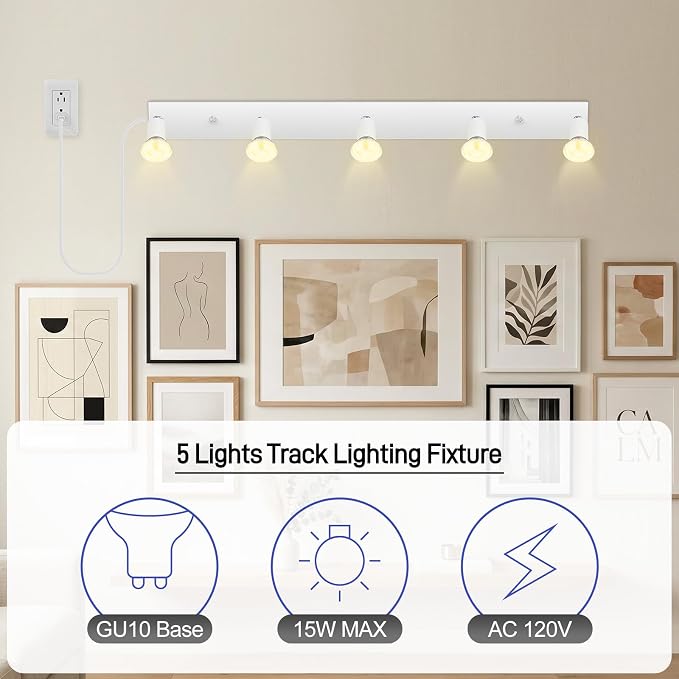 Plug in Track Light,30"Track Ceiling Lighting Fixtures,White 5 Way GU10 Wall Spotlight, Rotatable Track Head,LED Wall Light for Kitchen Cabinet Gallery Bar Hallway Living Room,Rocker Switch,15 FT Cord