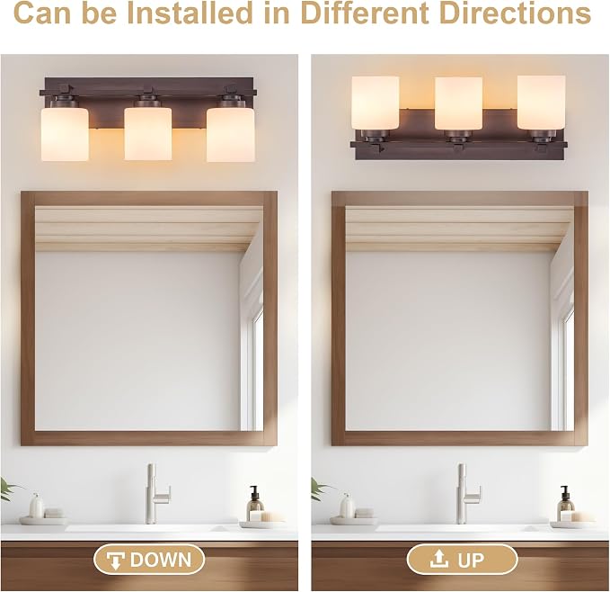 Modern Bathroom Light Fixtures Over Mirror, Vanity Lights for Bathroom Wall Sconces with Milky White Glass Shades, E26 Socket (Bulbs Not Included), 3 Light, Oil Rubbed Bronze