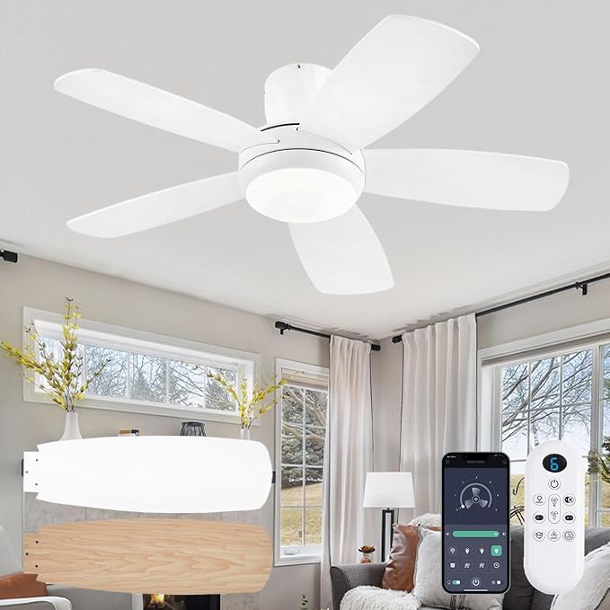 KNUN 42 Inch Ceiling Fan with Light and Remote/App Control, Low Profile Ceiling Fans with Lights,Flush Mount, Double-sided Blades, 3CCT, Dimmable, Noiseless, white Ceiling Fan for Indoor/Outdoor Use