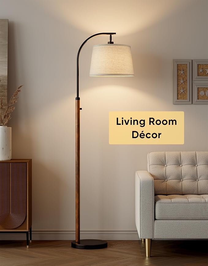 Dimmable Floor Lamp for Living Room, 65" Tall Metal Standing Lamp with LED Bulb, Mid Century Modern Arc Floor Lamp with Linen Shade for Bedroom, Reading Room, Office & Nursery, Black and Rustic Brown