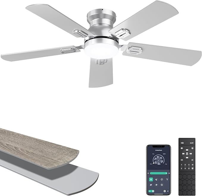 Ohniyou 42'' Silver Low Profile Ceiling Fan with Lights, Remote/APP Control | Flush Mount, Dimmable 3CCT LED, Quiet DC Motor; Memory Function, 4775 CFM, Small Ceiling Fan for Indoor Bedroom Kitchen