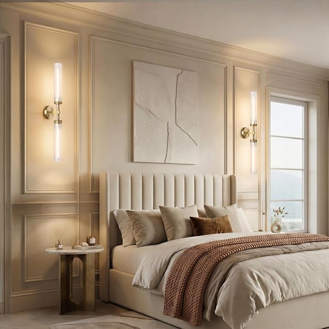 2Pc 30" Knurled Brass 2 Light Wall Sconces, Long Modern Hardwired Bathroom Vanity Light, Frosted Glass Tube Linear Wall Light Fixtures, for Mirror,Bedroom,Living Room,Hallway