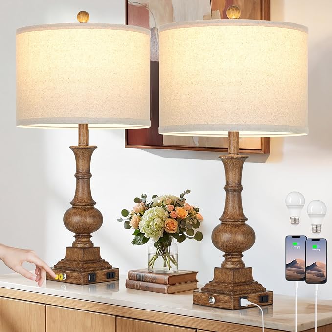 26" Tall Farmhouse Rustic Table Lamps for Living Room Set of 2, Vintage Retro Nightstand Table Lamp with USB C+A Charging Ports & AC Outlet, 3-Way Dimmable Touch Control Bedside Lamp for Bedroom Brown