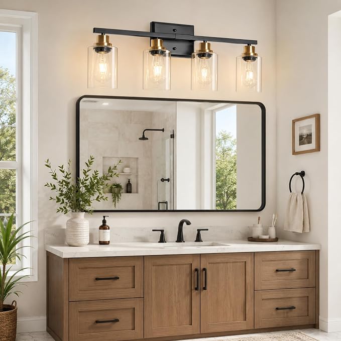 Ascher Bathroom Light Fixtures, 4-Light Vanity Lights with Clear Glass Shade, Modern Black and Gold Wall Light for Mirror Bedroom Hallway Cabinet Porch