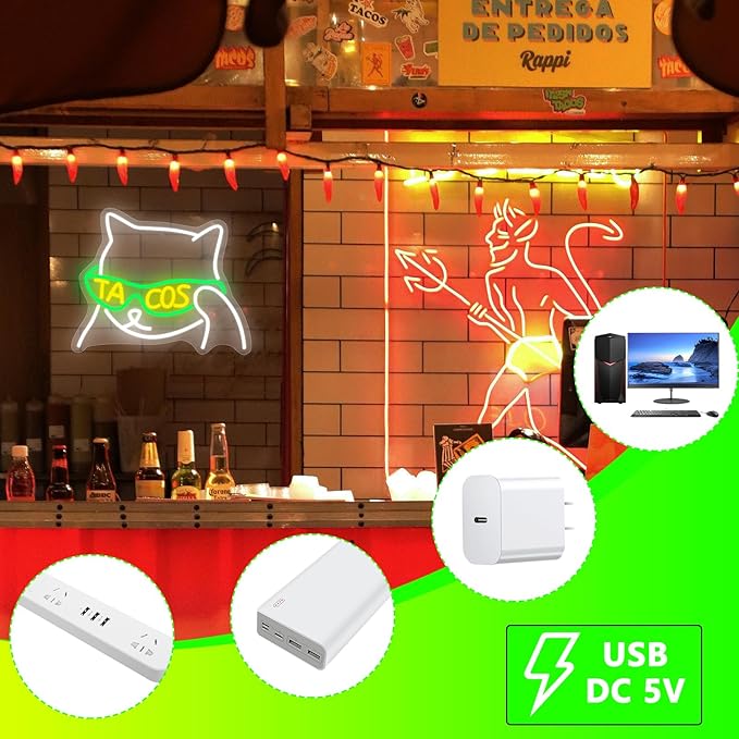 Tacos Sunglasses Cat Neon Sign, Anime Neon Signs for Wall Decor, Dimmable Led Signs for Bedroom, Cool Cat Light Up Signs for Mexican Restaurant Bar Beer Man Cave Party Decorations Gifts
