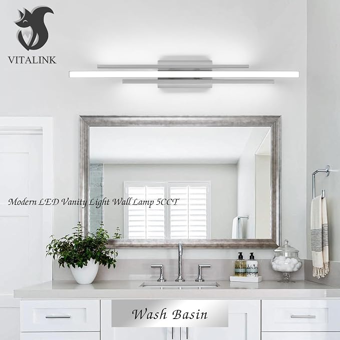 VitaLink 35 Inches Nickel LED Modern Bathroom Vanity Light Fixtures 25W Dimmable 5CCT Vanity Light Bar Over Mirror 3-Light Wall Light for Bathroom Over Mirror Picture Light
