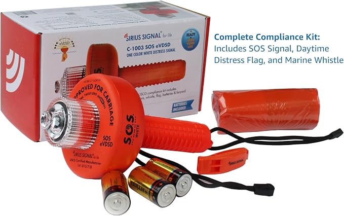 Sirius Signal C-1003 SOS LED Distress Signal - USCG Approved | Electronic Boat Flare Replacement, Bright White Light, Includes Daytime Flag & Whistle