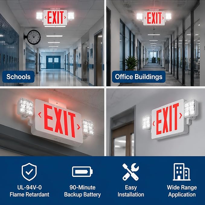 Red LED Exit Sign with Emergency Lights, Battery Backup, UL Listed | 2 Adjustable Heads, Commercial Emergency Exit Sign Combo with Thermoplastic Housing, Hardwired 120V/277V AC, 90-Minute Backup