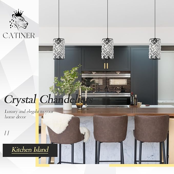 CATINER Black Crystal Pendant Light, Mini Kitchen Island Hanging Light, E26 | Black crystal pendant light with adjustable cord, E26 socket, dimmable for kitchen islands, dining rooms and hallways