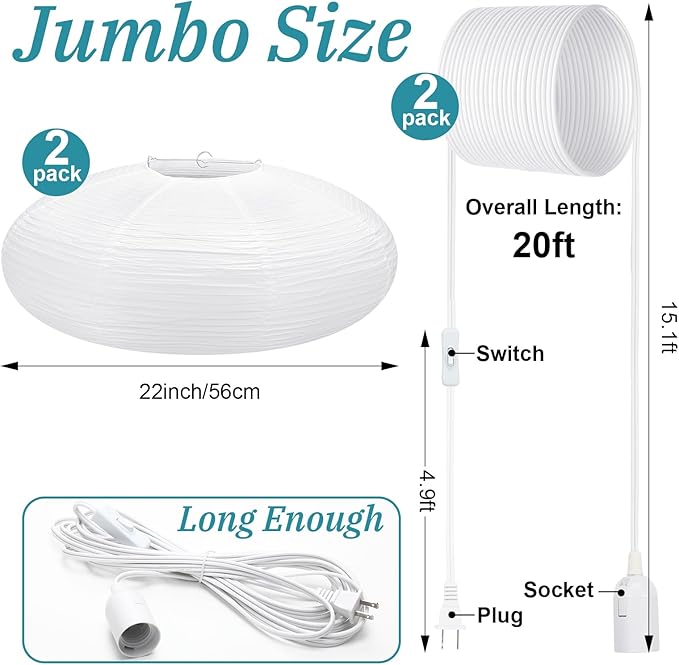 2 Sets Jumbo Paper Lanterns with Lamp Cord Cable White Hanging Paper Lanterns Chinese Japanese Pendant Hanging Lamp for Birthday Wedding Bridal Anniversary Party Decoration (Oval,22 Inch)