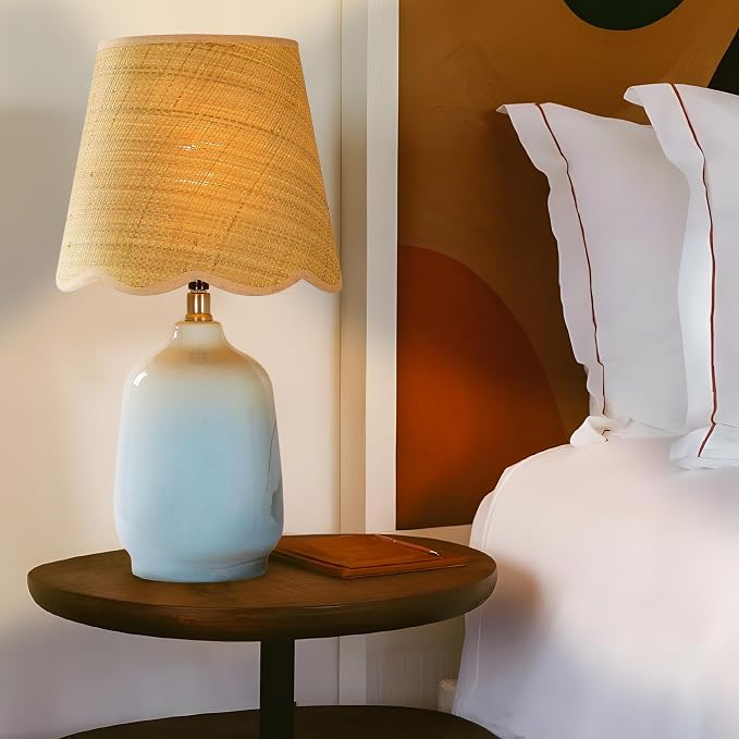 19" Modern Ceramic Table Lamp for Living Room Light Bule Base Desk Lamps for Bedroom Farmhouse Bedside Nightstand Lamp End Table Lamps,Sky Bule,Rattan Shade