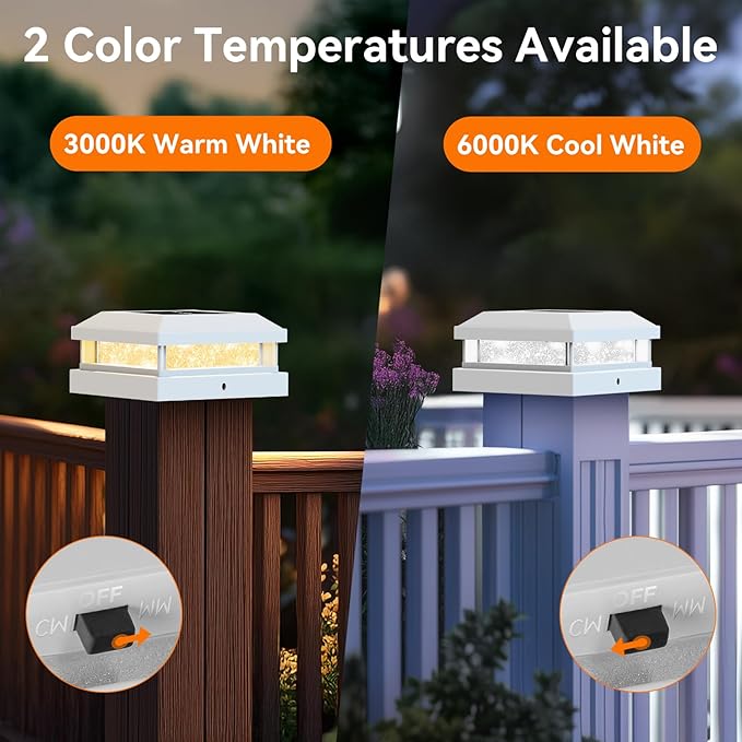 4x4 Solar Post Cap Lights Outdoor 16 Packs for 5x5 Vinyl/Wooden Posts, Waterproof Solar Powered Fence Cap Light with Warm/Cool Lighting, White 16LEDs Deck Caps Lights for Yard, Garden, Patio