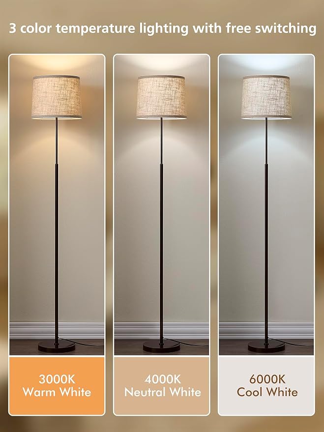 60" Modern Floor Lamp for Living Room Bedroom, Standing Lamp with Oatmeal Linen Lampshade, Tall Lamp with A19 9W 3 Color Temperature Bulb, Foot Switch Control, Brown