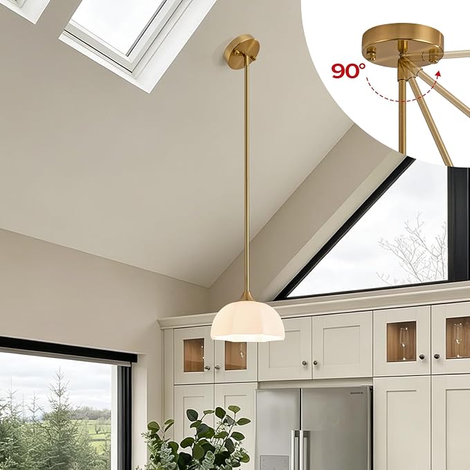Milk Glass Pendant Lights for Kitchen Island E26 Base Mid Century Light | 7.8inch Modern Gold Lighting for Bathroom Bedroom Dining Room Adjustable Hanging Height Fixture