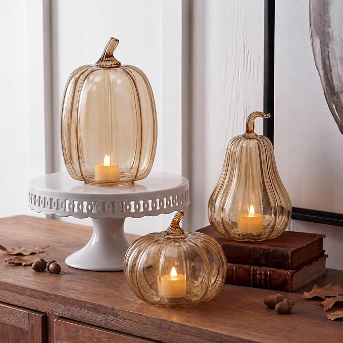 Yungyan Set of 3 Glass Pumpkin Lamp Shades Fall Decor,Light Brown | Pumpkin Candle Holder Rustic Thanksgiving Halloween Autumn Mantel Table Centerpiece Home Decoration, Lights Not Included
