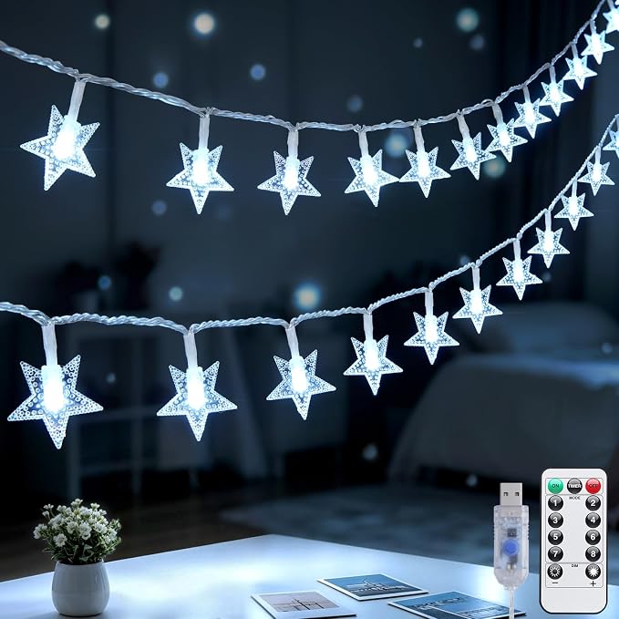 JMEXSUSS 100 LED Star String Lights USB Plug in, 33Ft White | Star Fairy Lights with Remote, Waterproof Hanging String Lights Indoor for Bedroom Classroom Tent Loft Bed Dorm Decor