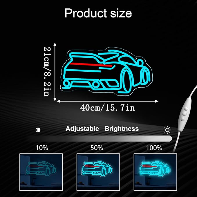 Foxiden Blue Sports Car Neon Sign, Dimmable LED Trendy Sports Car Shape Garage Neon Light, USB Powered for Garage Bar Party Boys Room Game Room Bedroom Man Cave Birthday Holiday Gift (15.7x8.3)