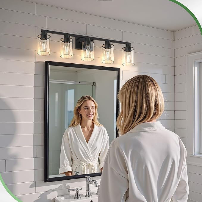 DORESshop Bathroom Light Fixtures, 5-Light Black Bathroom Lighting Fixtures Over Mirror with Clear Glass Shade, Vanity Lights for Hallway Living Room Bedroom