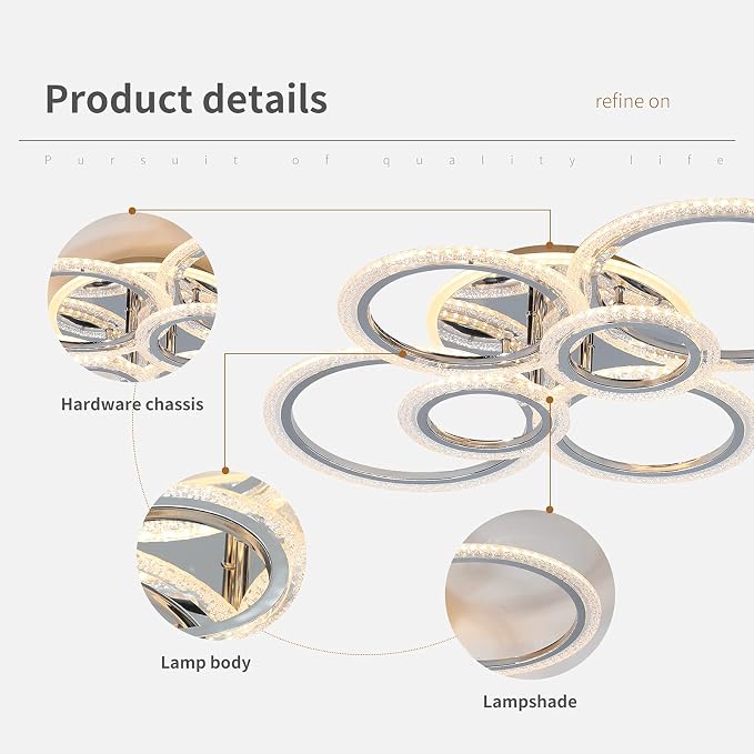 Garwarm Modern LED Flush Mount Ceiling Light with Remote, 6 Ring Chrome | 76W Dimmable LED Ceiling Fixture,3000K-6000K Adjustable Lighting for Low Ceiling Living Room, Dining Room ,Kitchen,Bedroom