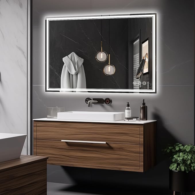 Ratsamee 48x32 Inch LED Bathroom Mirror with Frontlit & Backlit, Lighted Mirror for Bathroom Wall with 3-Color Dimmable & Anti-Fog, Vanity Mirror with Lights