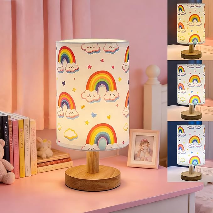 Rainbow Table Lamp,Kids Bedside Lamp for Bedroom Rainbow Decorative Lights 3 Colors Dimmable LED Nightstand Night Light with Cartoon Flaxen Fabric Shade Desk Lamp for Girls Boys Room Nursery Decor