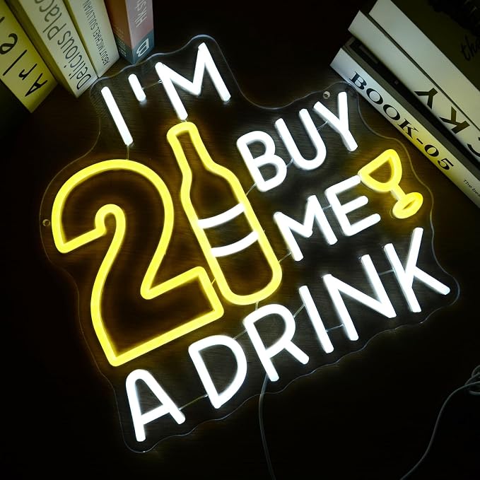 I’M 21 BUY ME A DRINK LED Neon Sign 21st Birthday Party Decor Neon Light | Twenty one Happy Birthday Glowing Lamp for Bar Pub Man cave Bedroom Home Dimmable Cheers LED for Her Him