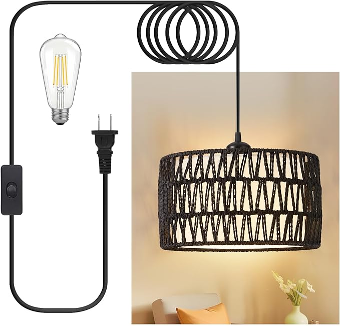 Plug in Pendant Light, Rattan Hanging Lights with Plug in Cord, Woven & Fabric 2 in 1 LampShade, Hanging Lamp Plug in for Bedroom Living Room Kitchen Island-Black (Bulb Included)