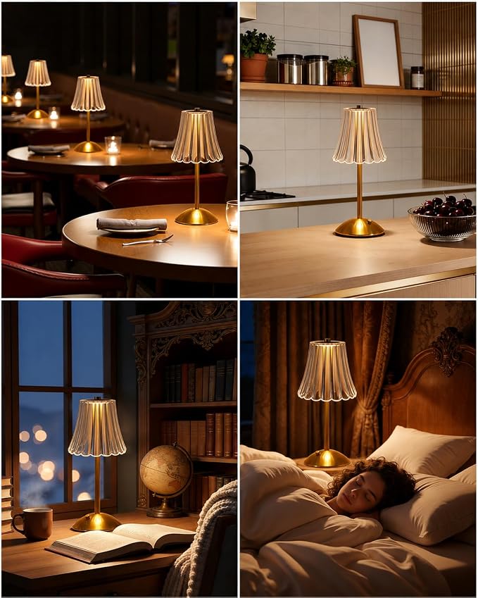Nusogon 2 Pack Rechargeable Cordless Table Lamp, Touch Control Desk Lamp | 3 Color Dimmable LED Gold Small Lamp for Bedroom Bedside Restaurant Kitchen Home Decor