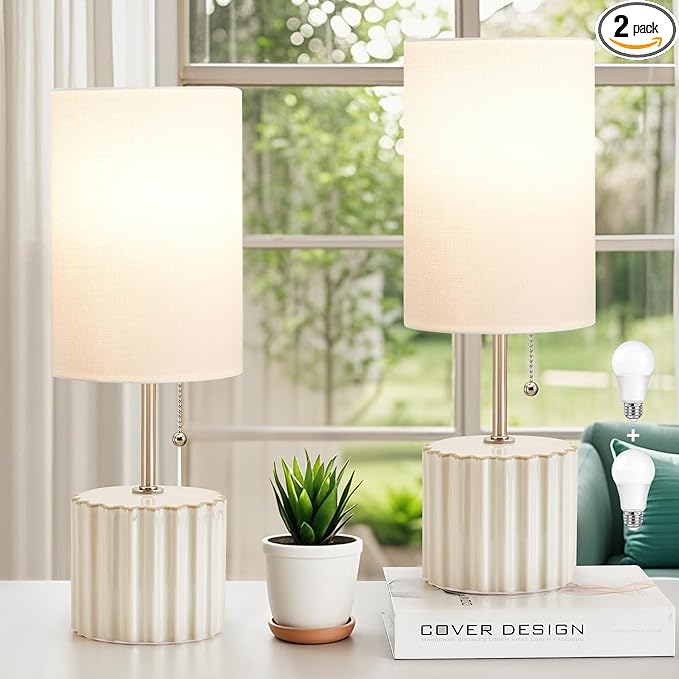 GyroVu Ceramic Small Table Lamp Set of 2, Adjustable Color Temperature Bedside Nightstand Lamps with Pull Chain for Bedroom Living Room Reading, 2 Bulbs