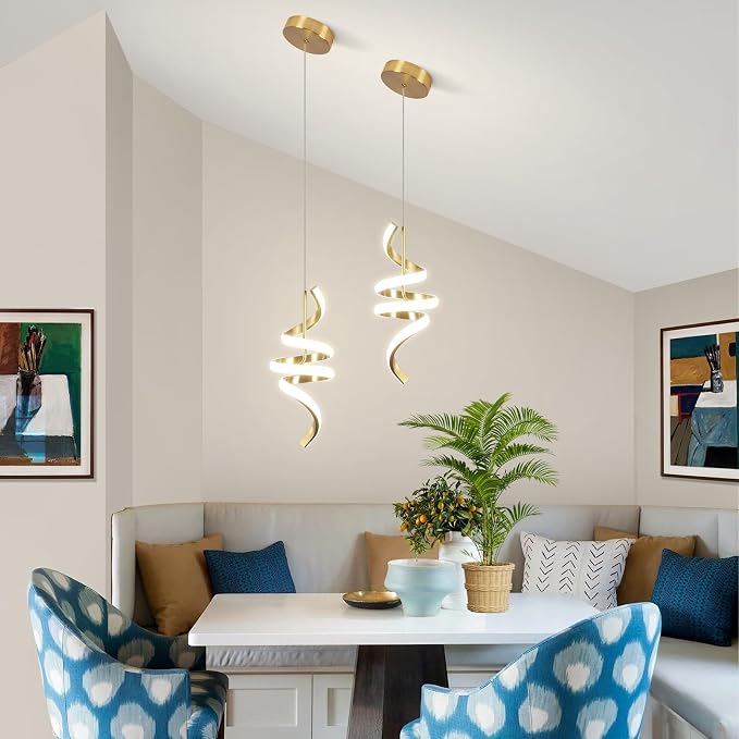 Modern Spiral LED Pendant Lights Kitchen Island, 22W Adjustable Height Hanging Light Fixture 5500K Gold Chandelier for Dining Room Cafe Table, 3 Pack