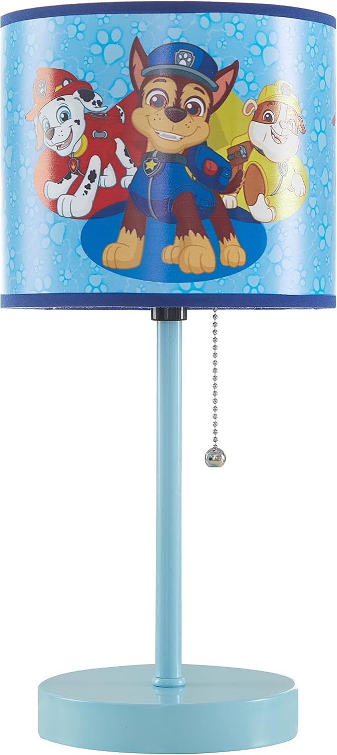 Nickelodeon Paw Patrol Kids Table Lamp with Pull Chain, Stick Lamp Featuring Chase, Rubble & Marshall, Decorative Printed Shade for Bedroom, Playroom or Nursery Lighting
