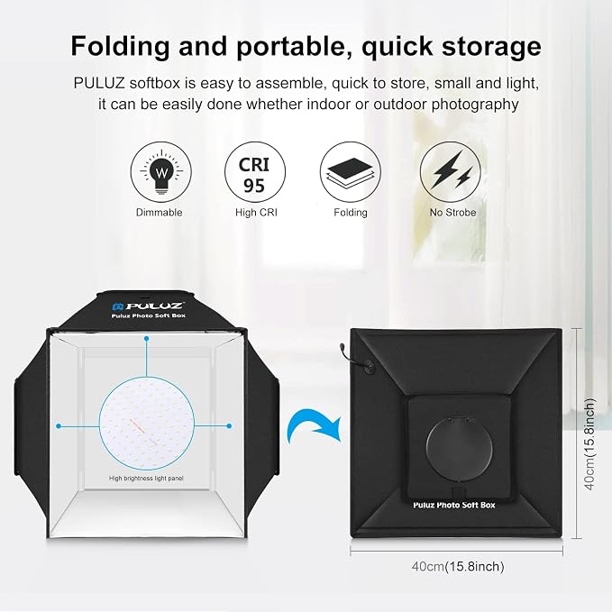 PULUZ Upgraded 16x16 inch Photo Light Box, 480 LEDs Photo Studio Tent Soft Box, CRI 95+ Dimmable Shooting Box with 4 Backdrops for Product Photography