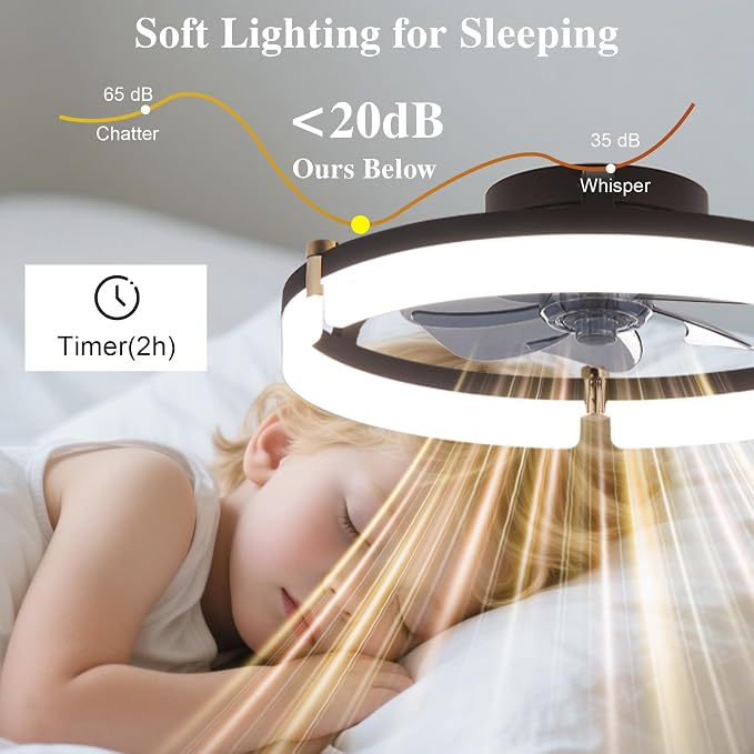 Smart Ceiling Fans with Lights Remote - 20'' WiFi Alexa Flush Mount Low Profile Modern Ceiling Fans for Bedroom - Stepless Color Temperature and 6 Speeds - Black