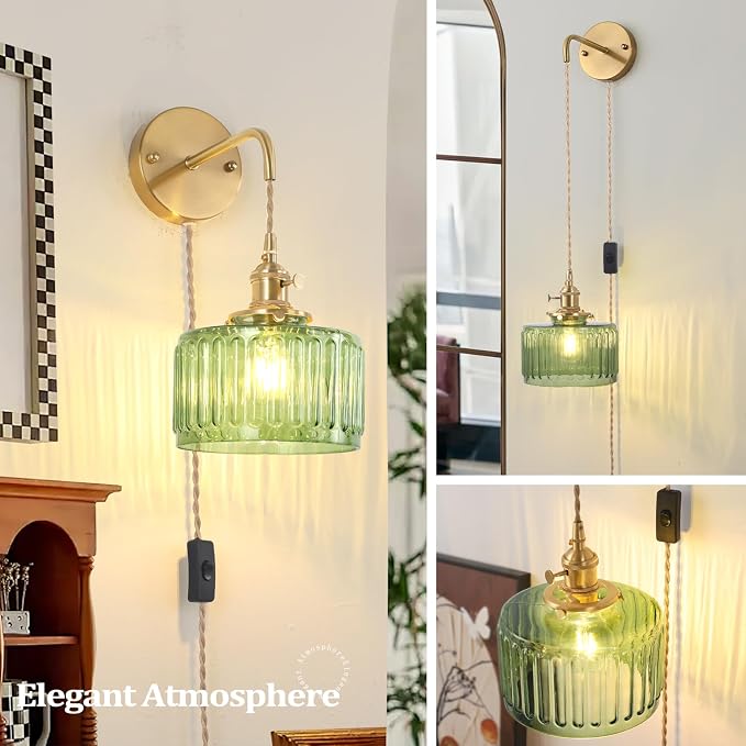 Shenmoyl Vintage Wall Sconce Wall Lamp with Green Striped Glass Shade Hanging Wall Sconce with 4.9FT Plug in Cord, Modern Wall Lamp Fixtures Decor for Bedside Bedroom Indoor Doorway