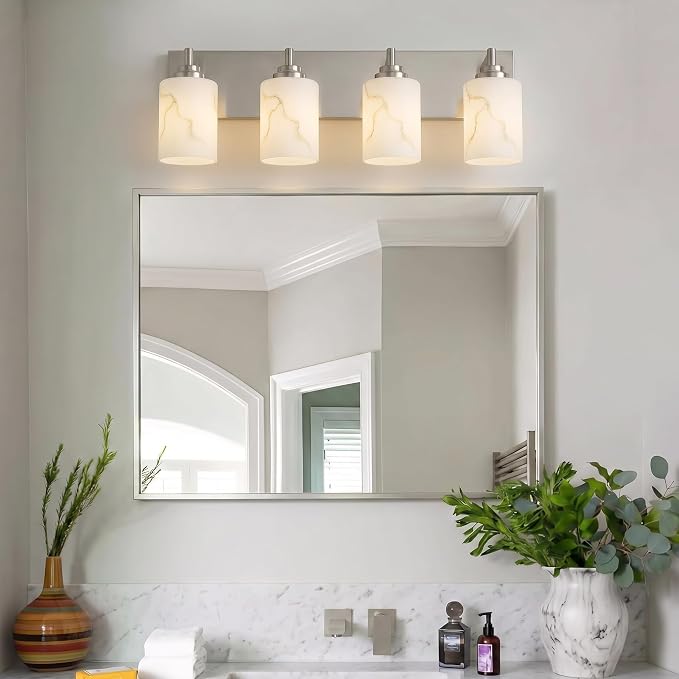 4-Light Bathroom Light Fixture, Brushed Nickel Modern Vanity Light with White Marble Glass Shade, for Bathroom Mirror, Living Room, Bedroom, Hallway, E26 Base, Extended Base