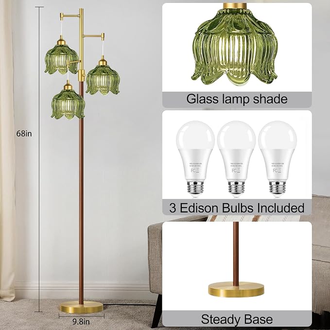Vintage Floor Lamps for Living Room Bedroom-Wood Dimmable Floor Lamp with Glass Lampshape, Flower Modern Mid Century Standing Lamp Green Tall Tree Floor Lamp for Bedroom Corner