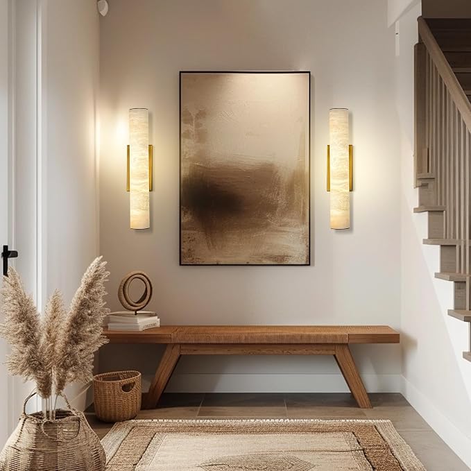 20" Brass Alabaster Wall Sconce , Tube Marble Vanity Light for Bathroom | Spanish Natural Alabaster, Gold, 3000K Warm White Light, Stone, Hardwired, Dimmable, for Living Room/Entryway/Bedroom, 1PC