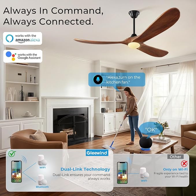 52 inch Outdoor Ceiling Fans with Lights-Glass Lamp, Smart Ceiling Fan with WIFI Alexa and App Remote Control, Damp Rated Wood Propeller Blades for Patios & Porch, 3 Blades, High CFM 6 Speed, Walnut