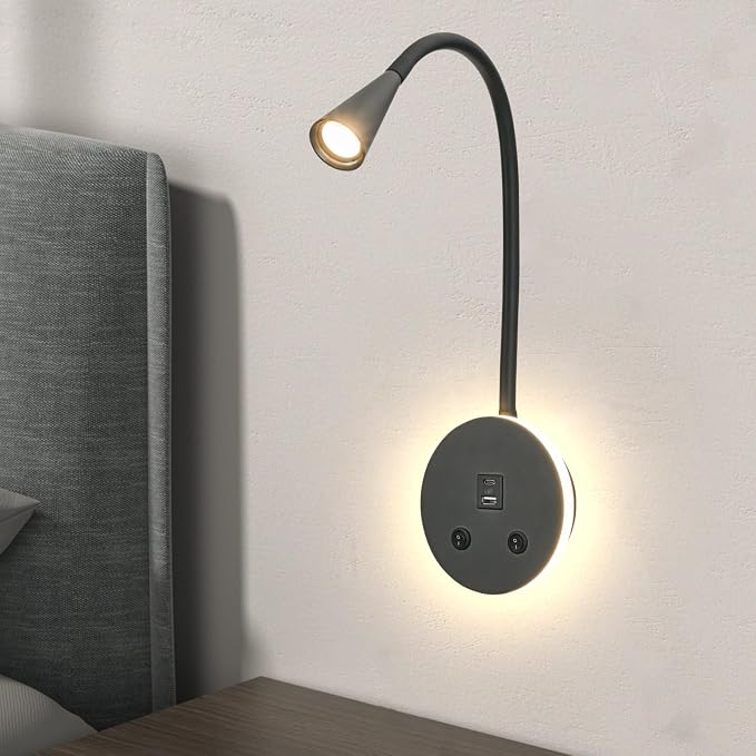 Book Lights for Reading at Night, LED Wall Mounted Reading Light, Flexible Gooseneck Wall Lamps for Bedroom, Plug in Wall Lights with USB Charging, Bedside Wall Sconces Focused Bed Lamp (Black)