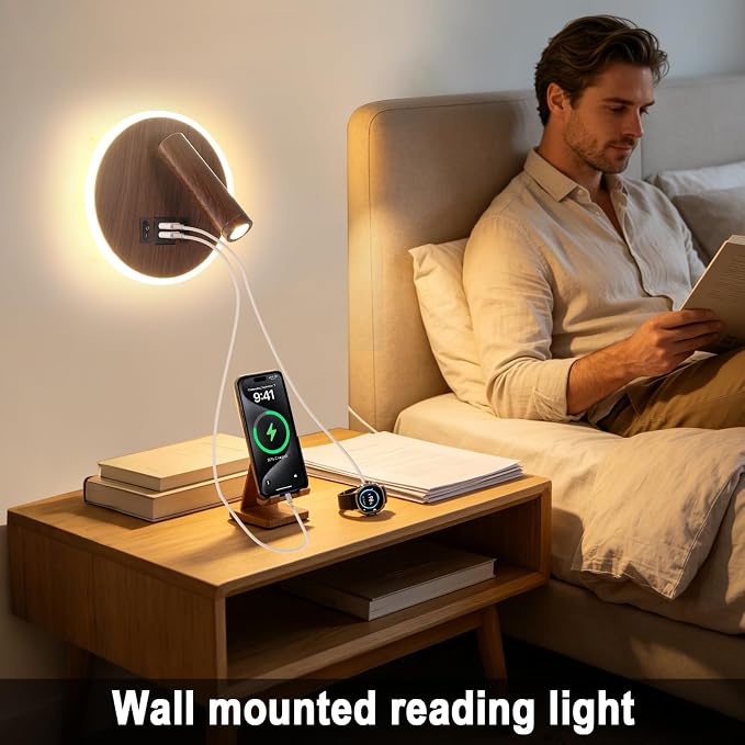 Plug in Wall Light with Wall Mounted Reading Lights with Switch | Wall Lamp for Bedroom with USB C+A Ports, Headboard Light with 3W+9W Night Light, Walnut Color Reading Light Adjustable Angle