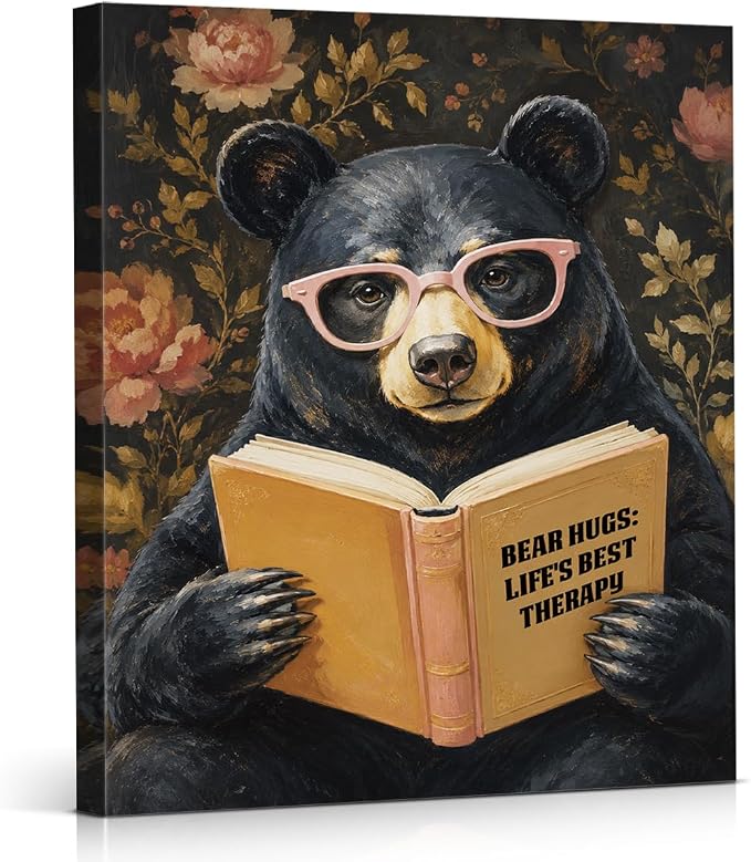 NSFBESSLIA Funny Reading Bear Painting, Whimsical Vintage Animal Decor, Bear Hugs Life's Best Therapy, Humorous Wall Art for Living Room Bedroom Entryway, 8x10 Inch