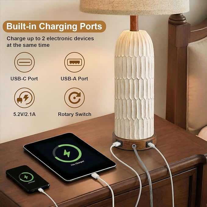26.5" Bedside Table Lamps Set of 2, Farmhouse Table Lamp with USB A+C Charging Ports,Vintage Nightstand Lamp for Bedrooms and Living Rooms, Retro Resin End Table Lamp with Linen Shade, Brown