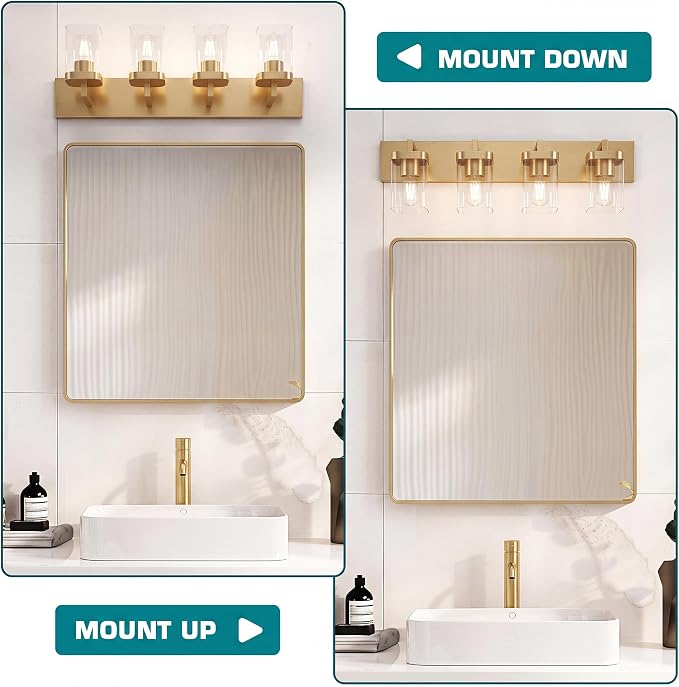 Bathroom Lighting Fixtures Over Mirror, Square Design & Rectangle Large Backplate, 4 Lights Modern Vanity Lighting Fixtures, Bathroom Light Fixtures for Bathroom/Living Room/Bedroom, Gold